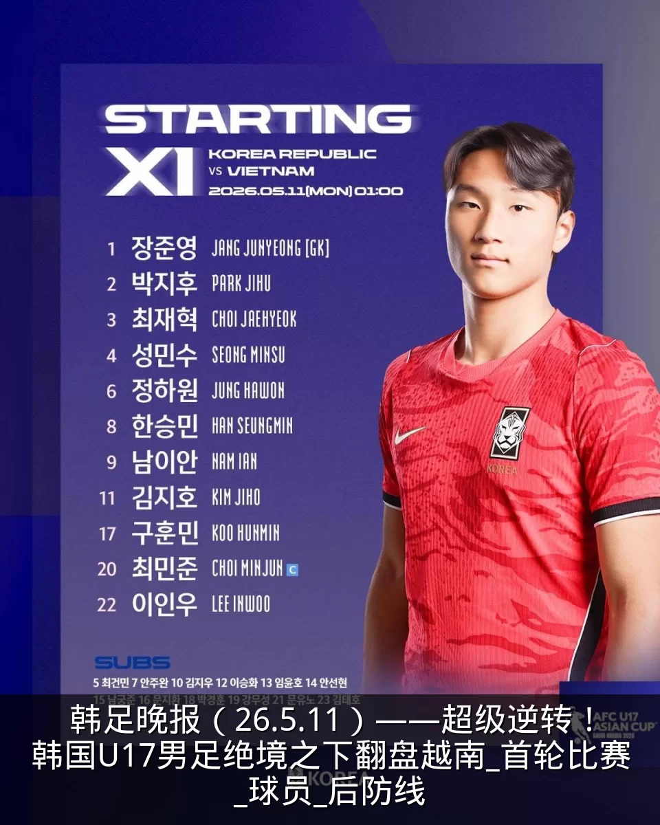 韩足晚报(26.5.11)——超级逆转!韩国U17男足绝境之下翻盘越南_首轮比赛_球员_后防线